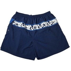 VTG Down Under Swim Trunks Navy/Wh‎ Floral Trim Pockets Lined Elastic Taiwan XL